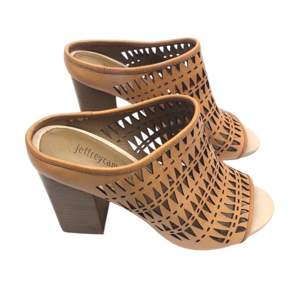 Jeffrey Campbell Tan Cutout Mules With Wood Heel Shoe - SZ 6 Geometric Artful